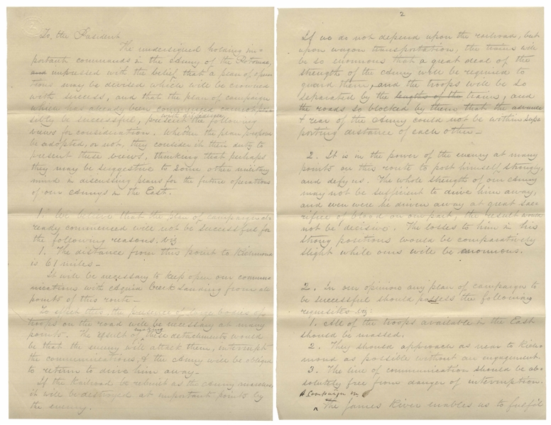 General William Franklin Autograph Draft Letter to Abraham Lincoln on a Plan to Take Richmond After Fredericksburg: ''...at great sacrifice of blood on our part, the result would not be decisive...''